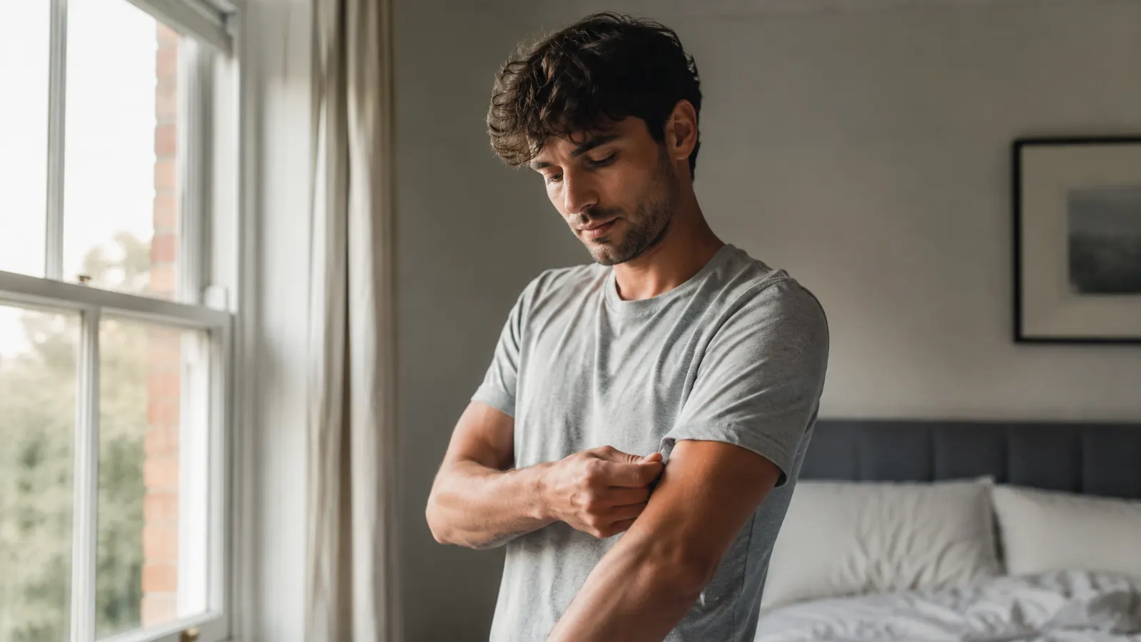 Person rolling up short sleeves confidently while getting dressed in daylight
