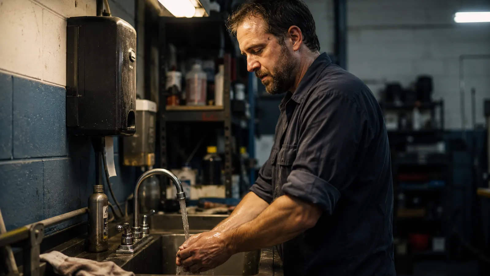 Man washing his hands at a work sink, sleeves rolled up, end of a long shift