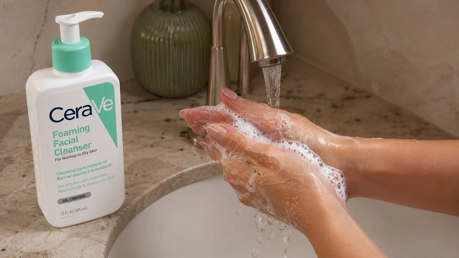 Close-up of hands working a light foam lather in cupped palms under running water