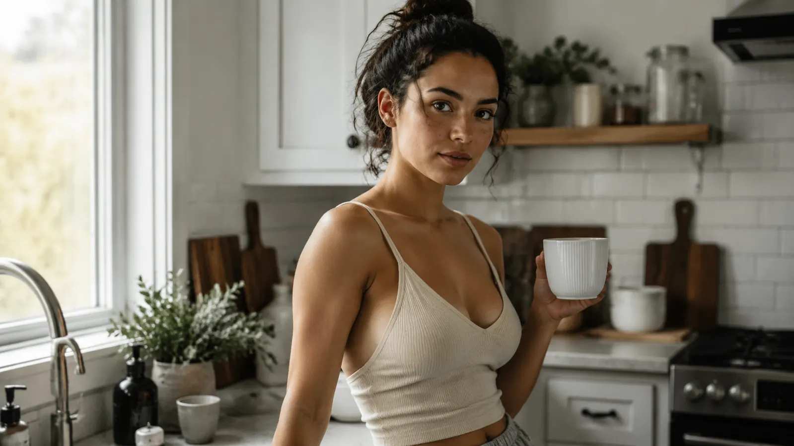 Woman in her thirties smiling naturally while sitting at a kitchen table with morning coffee