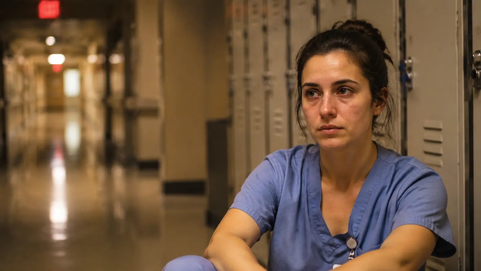 Woman finishing a 12-hour hospital shift, pulling off a surgical mask, tired but composed