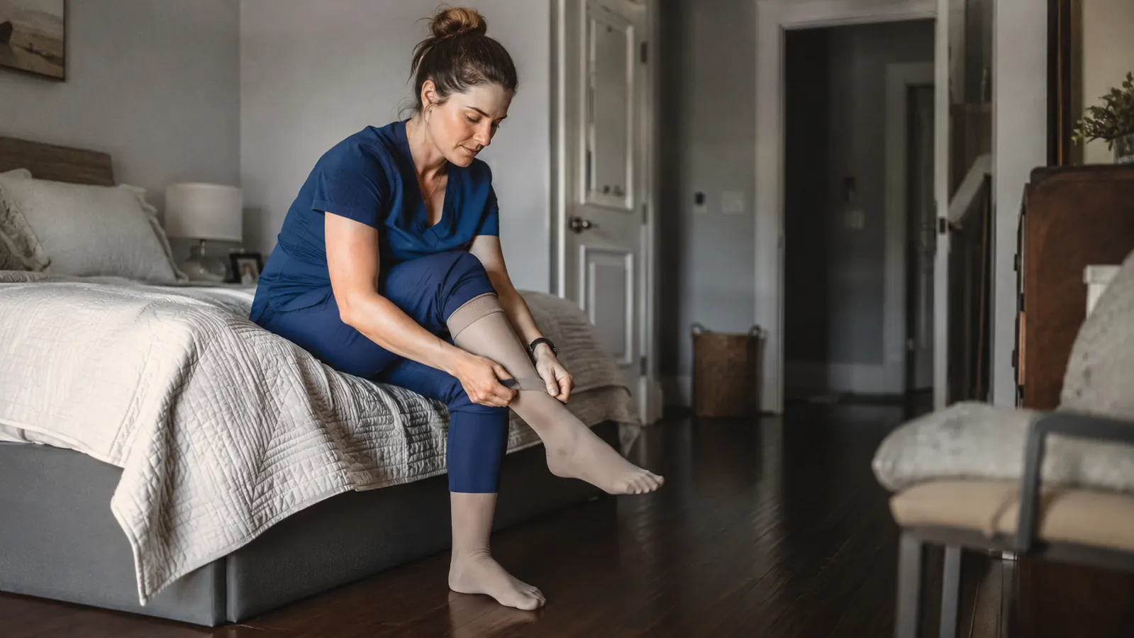 Woman confidently pulling on compression socks in a sunlit bedroom before a shift