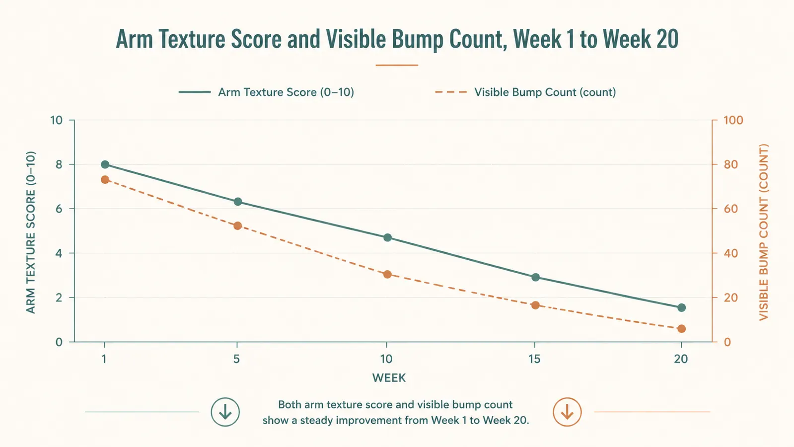 Chart showing skin texture and bump count decreasing over 5 months of use