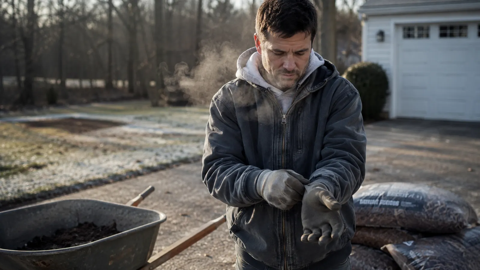 Person pulling on canvas work gloves before starting yard work on a cold morning