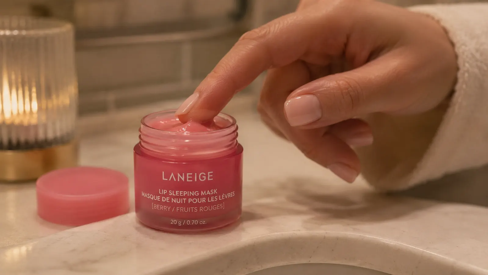 Fingertip scooping LANEIGE Lip Sleeping Mask from its jar