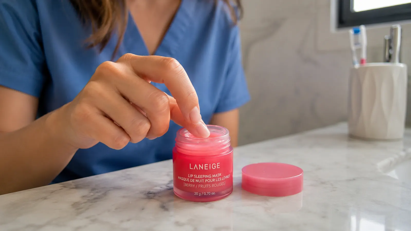 Close-up of a fingertip applying lip sleeping mask from an open jar on a bathroom counter