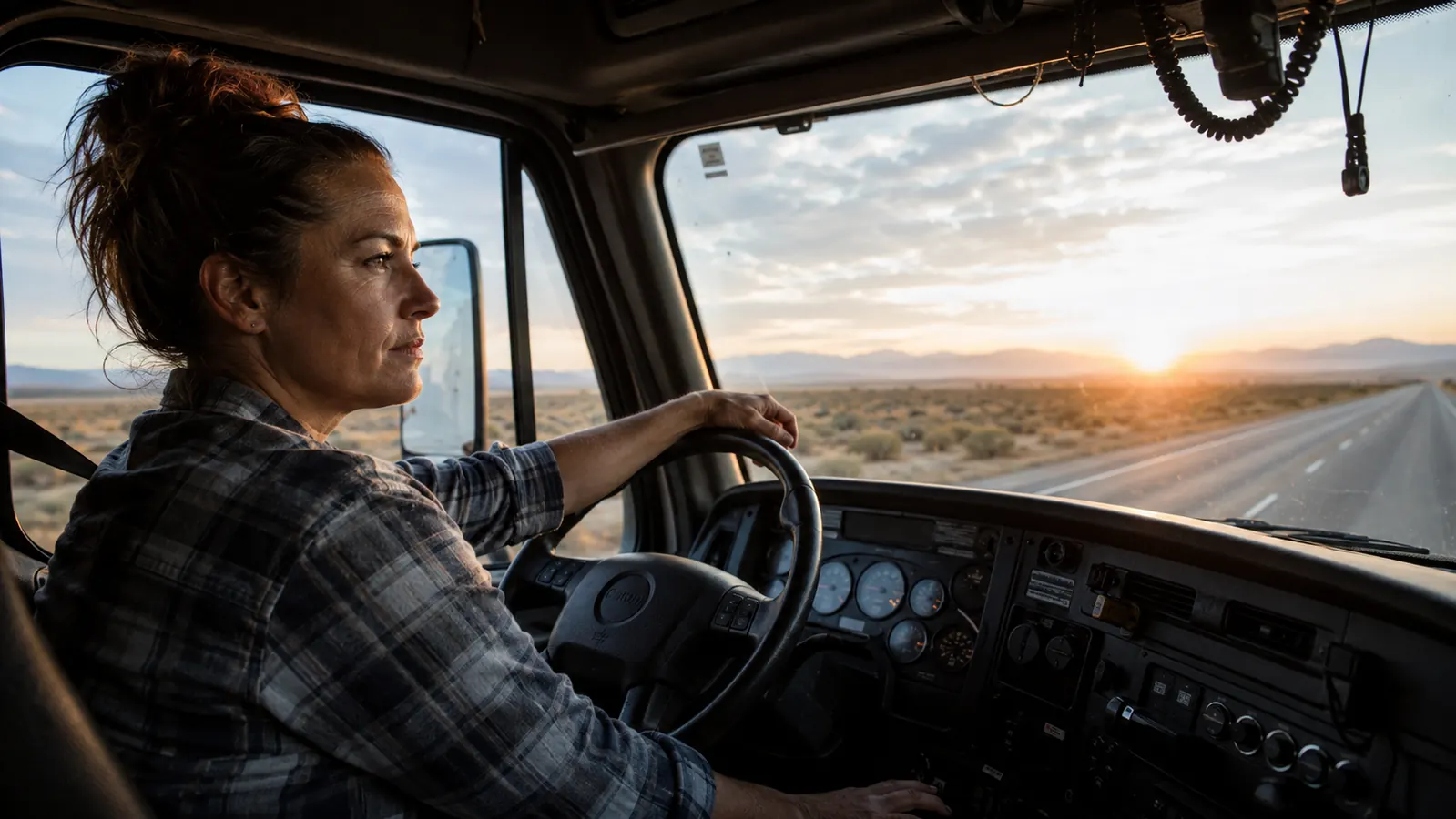 Woman driving a truck at dawn, resting one hand on the wheel, dry highway landscape outside