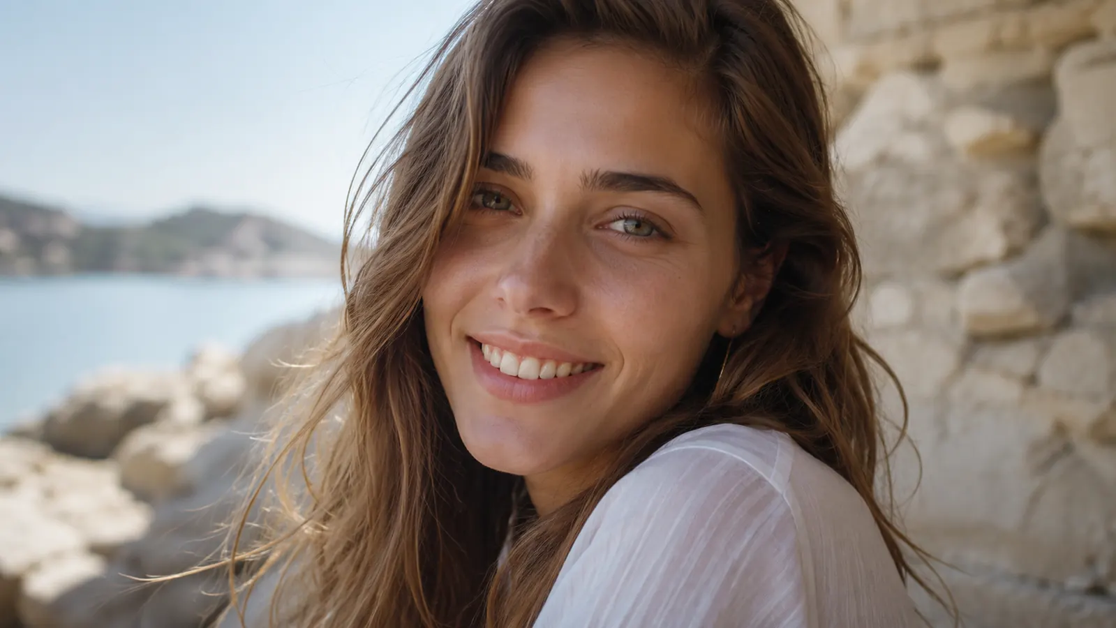Woman smiling naturally with smooth, healthy-looking lips in daylight