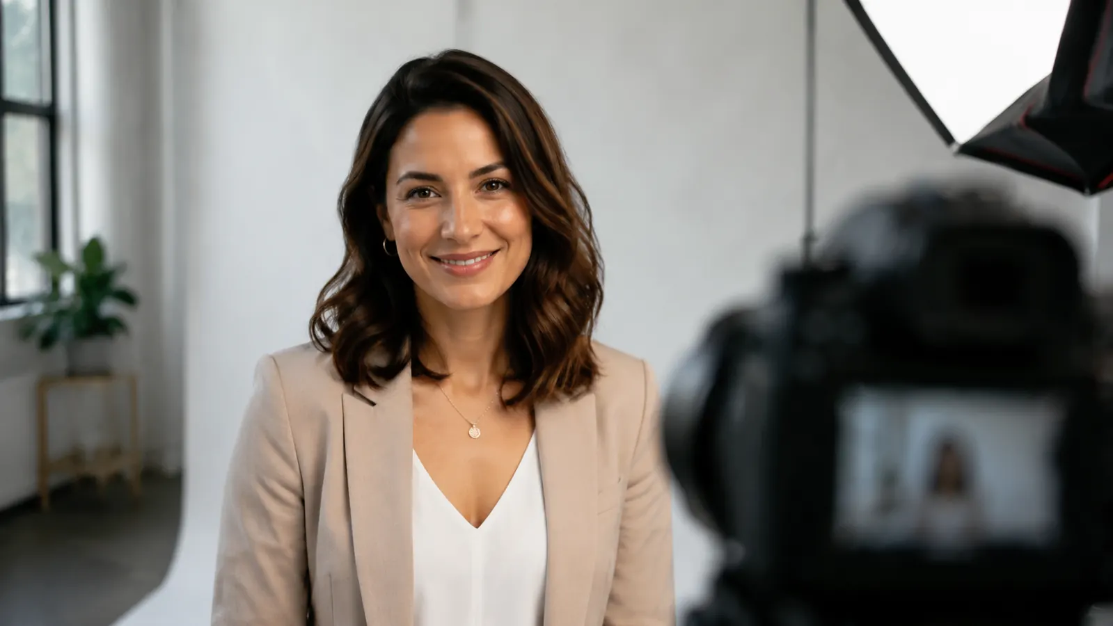 Woman smiling confidently during a professional headshot session, no visible blemish on her jaw