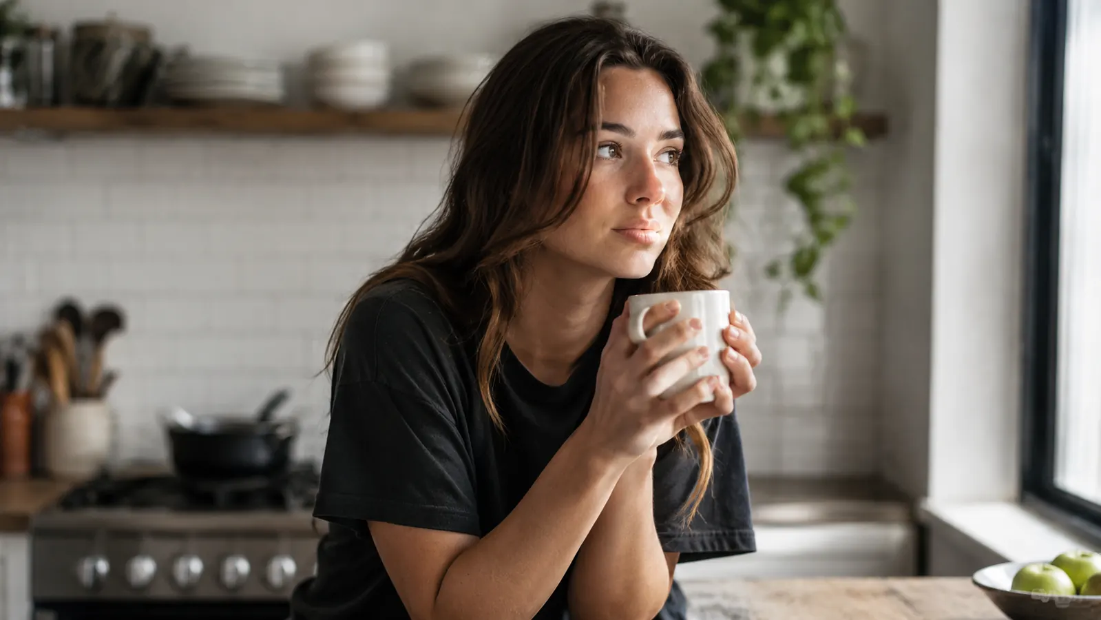Person's hands wrapped around a warm coffee mug at a kitchen table on a cold morning, skin looking calm and healthy