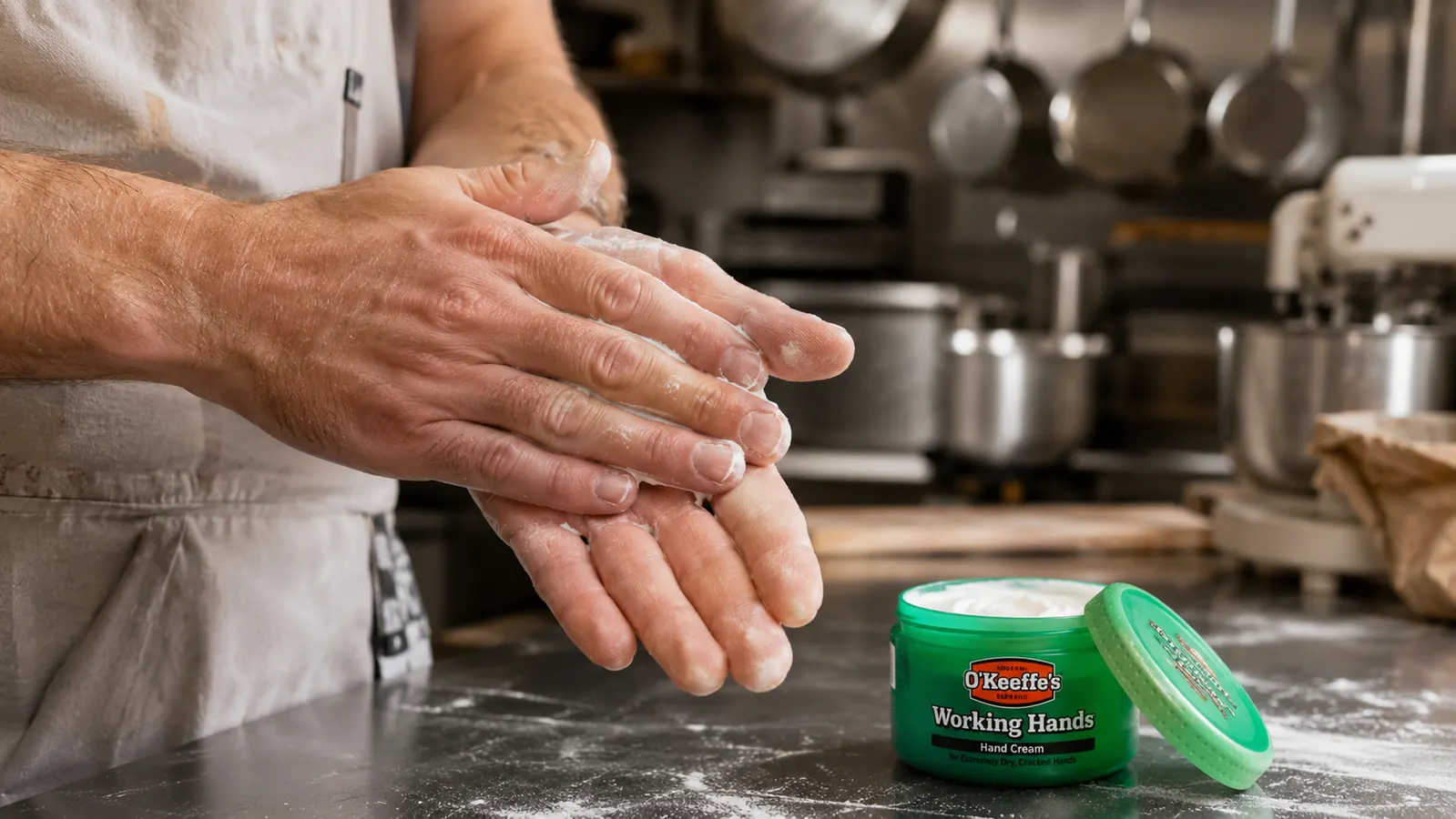 Hand pressing thick white cream between two palms after a kitchen shift