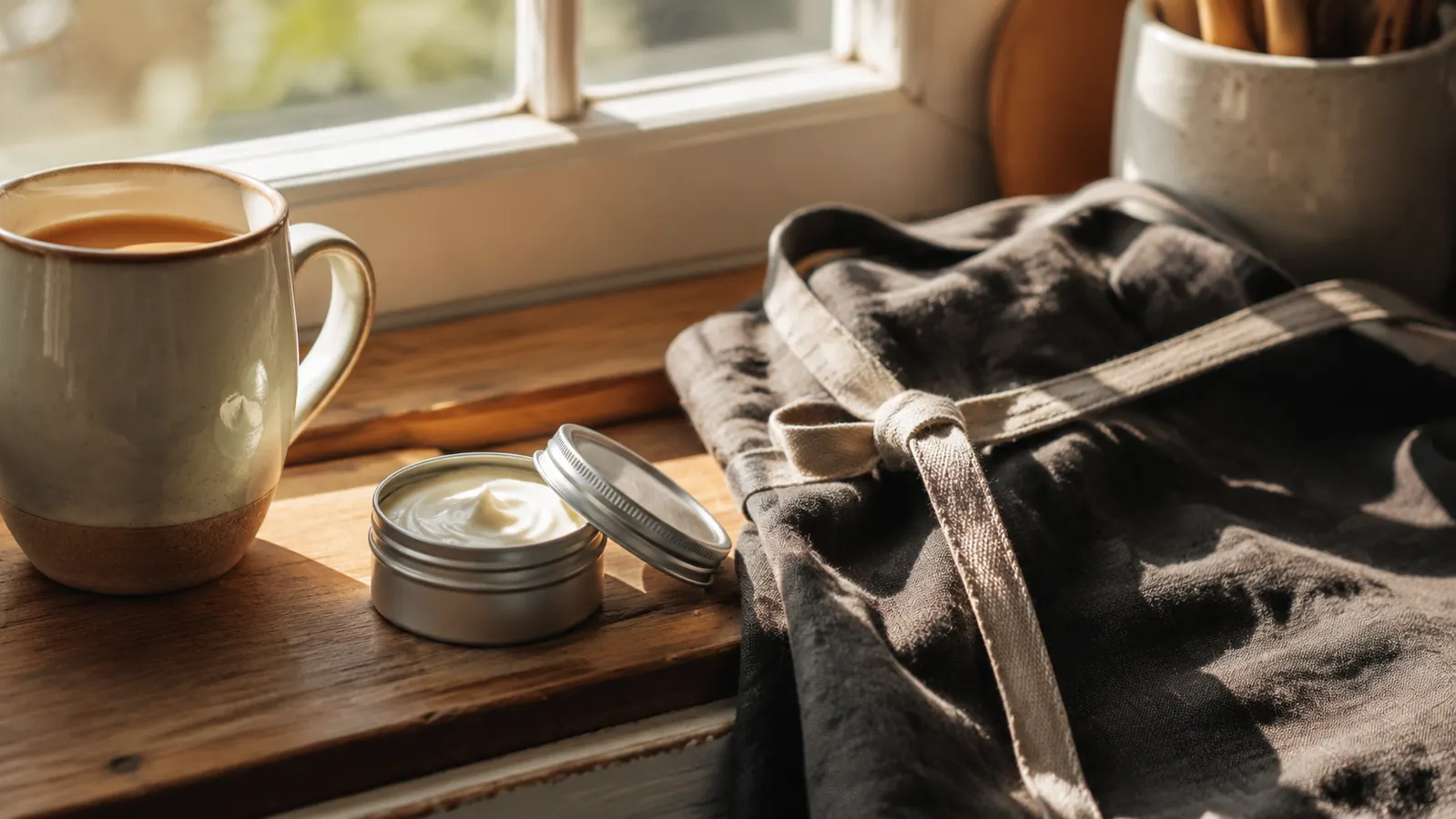 Small travel tin of hand cream sitting on a kitchen windowsill next to a coffee mug