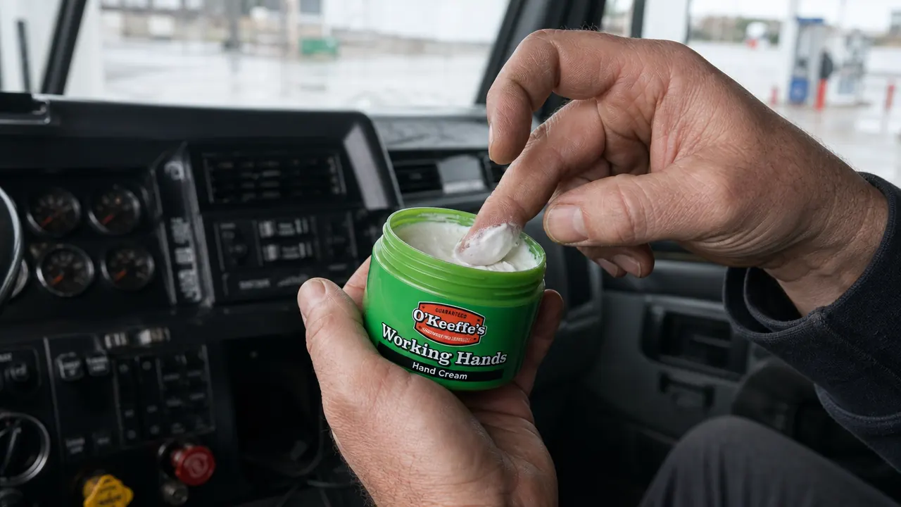 Hand scooping a small amount of thick white cream from an open jar