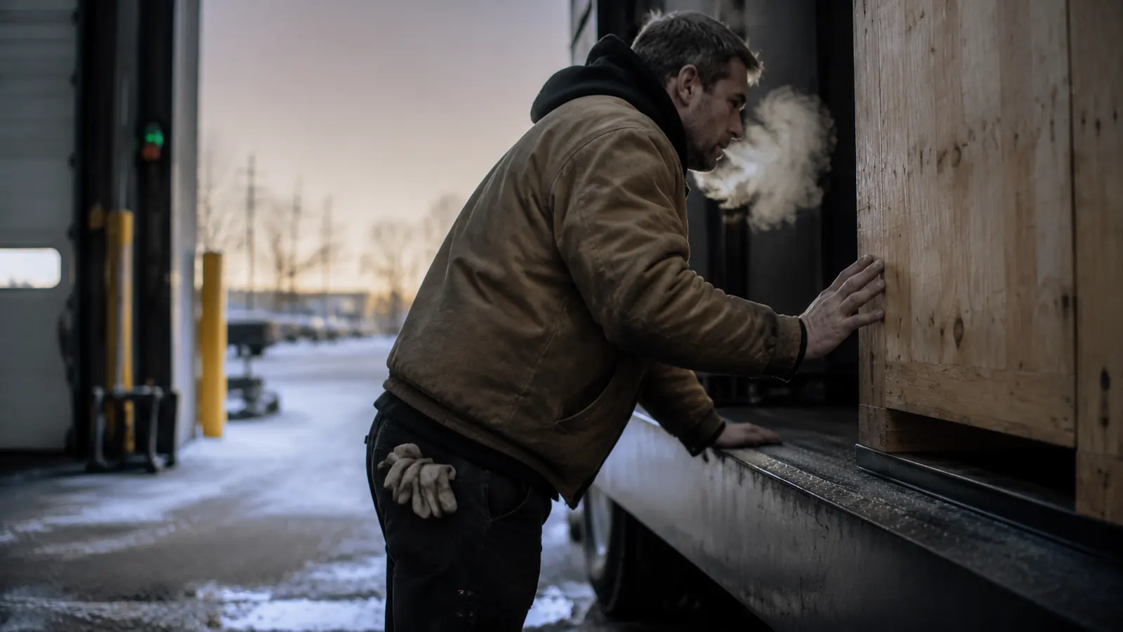 Trucker loading boxes onto a dock in cold weather, breath visible, gloves tucked in his back pocket