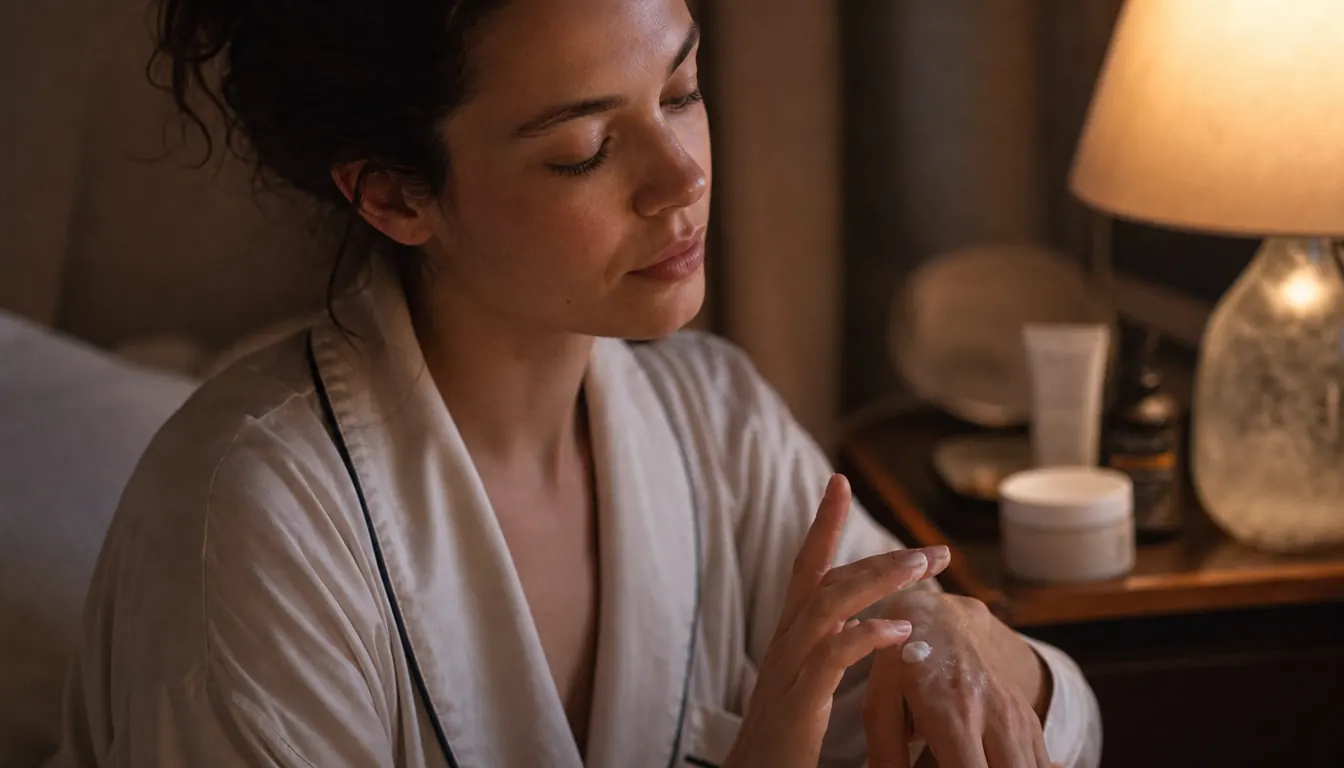 Person rubbing hand cream into their palms before bed, nightstand lamp glowing softly in the background